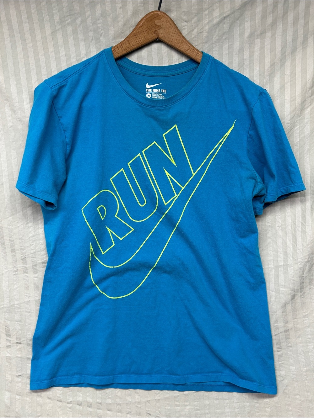 Nike Blue Short Sleeve Tee with Neon Yellow 'RUN' Logo
